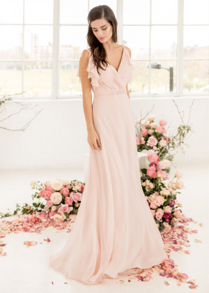 Beaded Pleated Ballet Pink Chiffon Bridesmaid Dress